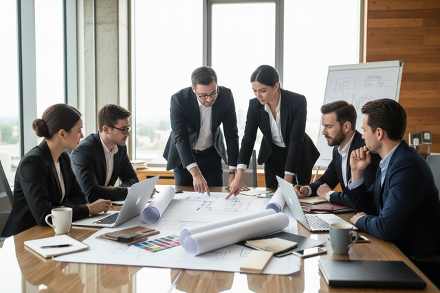 生成一個專業團隊嘅圖片,有男有女,開緊會,有室內設計圖紙等等